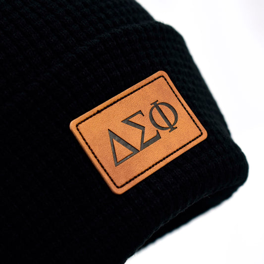 Delta Sigma Phi Fraternity Beanie Hat - Black Winter Hat w/ Greek Letters Patch