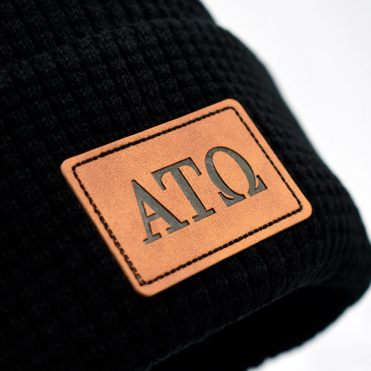 Alpha Tau Omega Fraternity Beanie Hat - Black Winter Hat w/ Greek Letters Patch