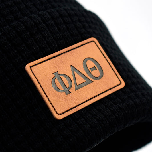 Phi Delta Theta Fraternity Beanie Hat - Black Winter Hat w/ Greek Letters Patch