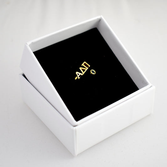 Alpha Delta Pi Ring- Gold Plated with Greek Letters and CZ Gemstone