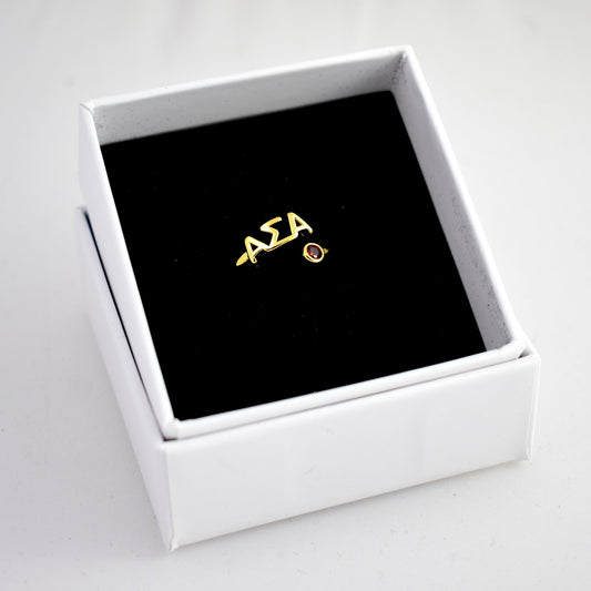 Alpha Sigma Alpha Ring- Gold Plated with Greek Letters and CZ Gemstone