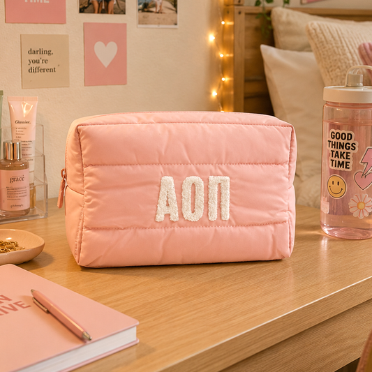 Alpha Omicron Pi Makeup Bag - Puffer Style with Sorority Letters
