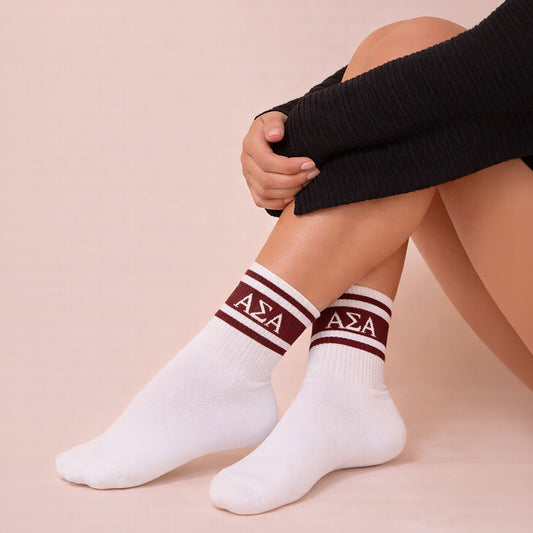 Alpha Sigma Alpha Socks- Striped Varsity Crew Socks with Greek Letters
