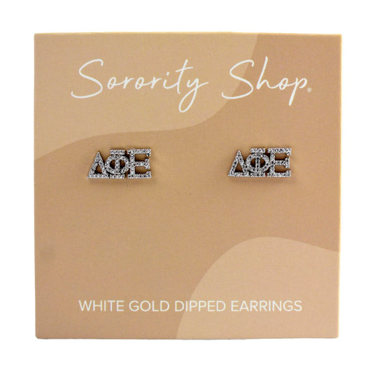 Delta Phi Epsilon White Gold Plated Stud Earrings