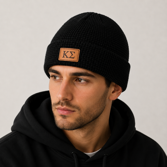 Kappa Sigma Fraternity Beanie Hat - Black Winter Hat w/ Greek Letters Patch