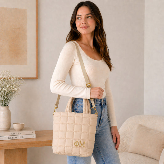 Phi Mu Small Crossbody Quilted Tote Bag with Greek Letters