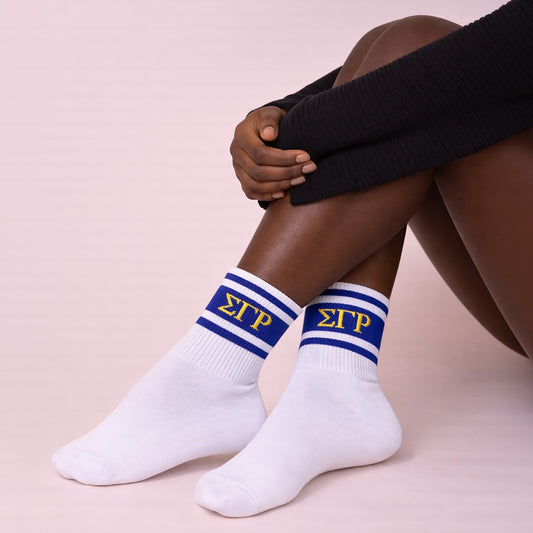 Sigma Gamma Rho Sorority, Incorporated Socks- Striped Varsity Crew Socks with Greek Letters