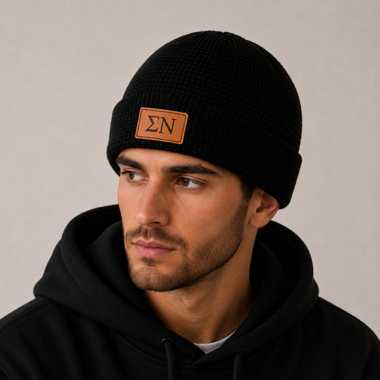 Sigma Nu Fraternity Beanie Hat - Black Winter Hat w/ Greek Letters Patch