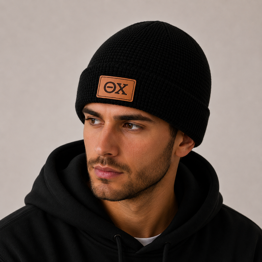 Theta Chi Fraternity Beanie Hat - Black Winter Hat w/ Greek Letters Patch