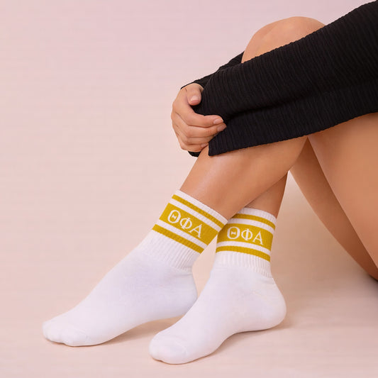 Theta Phi Alpha Socks- Striped Varsity Crew Socks with Greek Letters