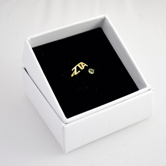 Zeta Tau Alpha Ring- Gold Plated with Greek Letters and CZ Gemstone