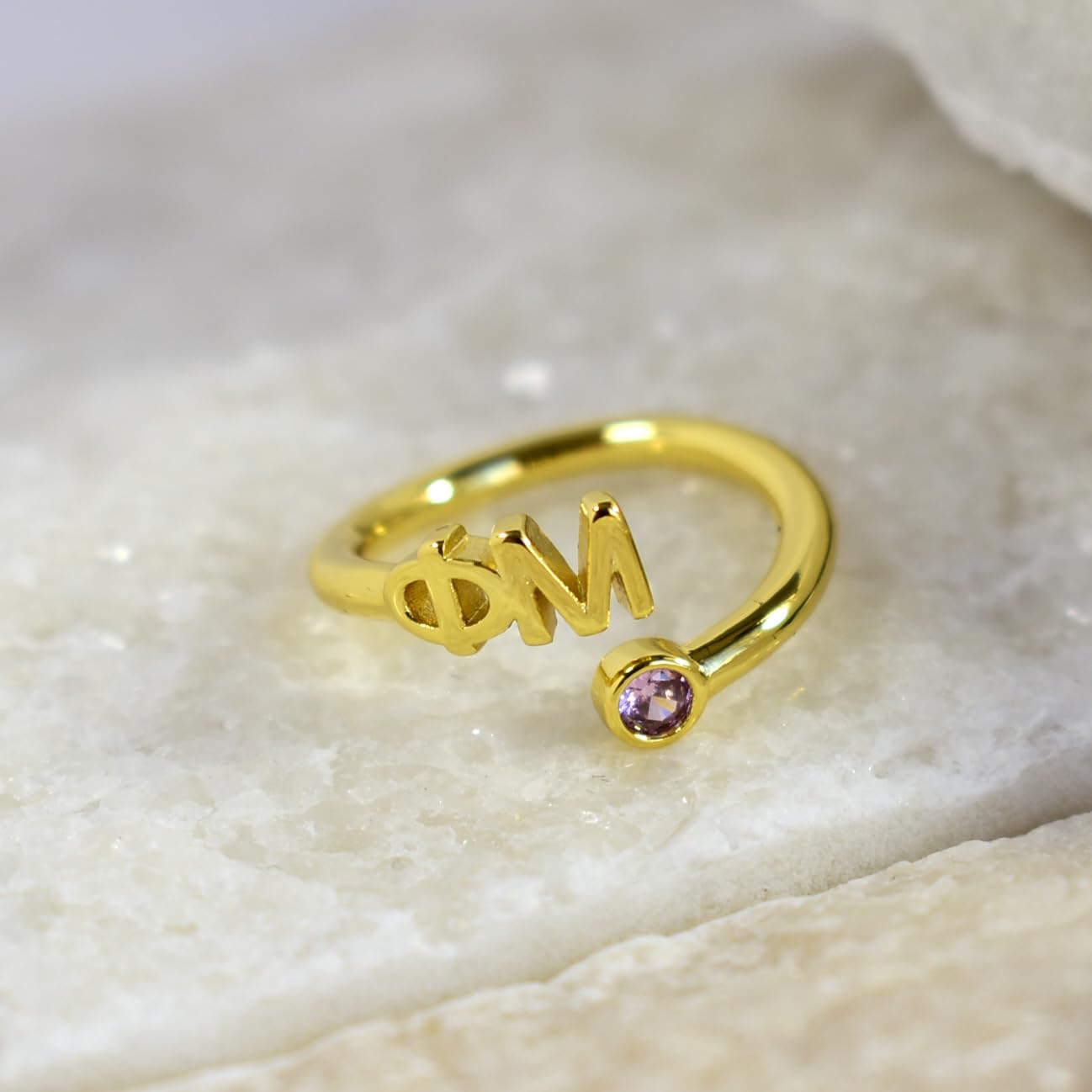 Gamma Phi Beta Ring- Gold Plated with Greek Letters and CZ Gemstone