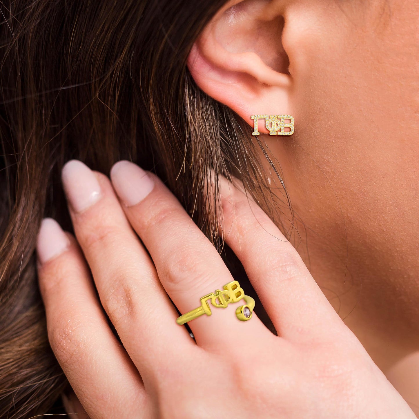 Gamma Phi Beta Ring- Gold Plated with Greek Letters and CZ Gemstone