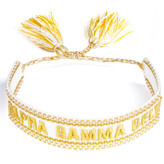 Alpha Gamma Delta Woven Bracelet, White and Gold Design
