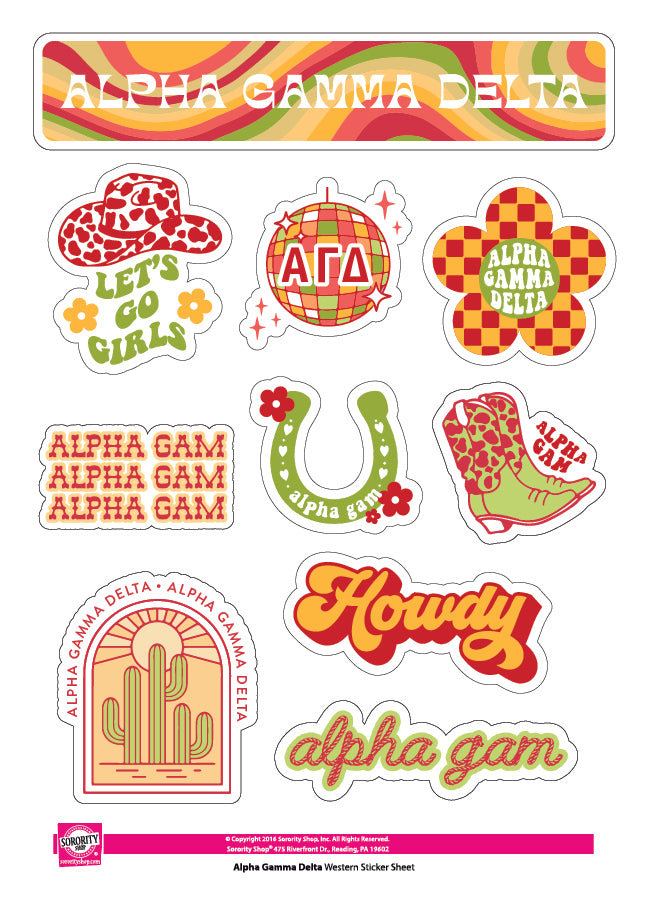 Alpha Gamma Delta Sticker Sheet - Western Disco Design