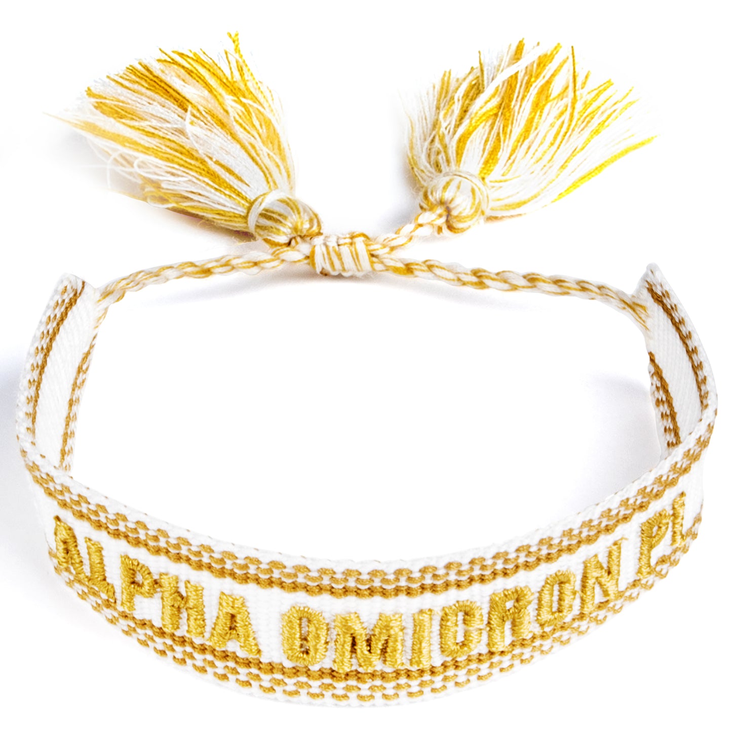Alpha Omicron Pi Woven Bracelet, White and Gold Design