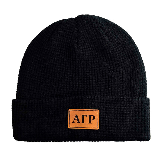Alpha Gamma Rho Fraternity Beanie Hat - Black Winter Hat w/ Greek Letters Patch