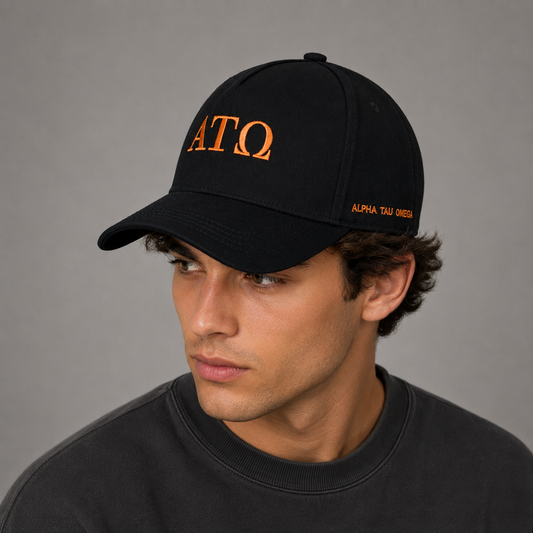 Alpha Tau Omega Baseball Cap- Brushed Cotton 5-Panel Black Hat