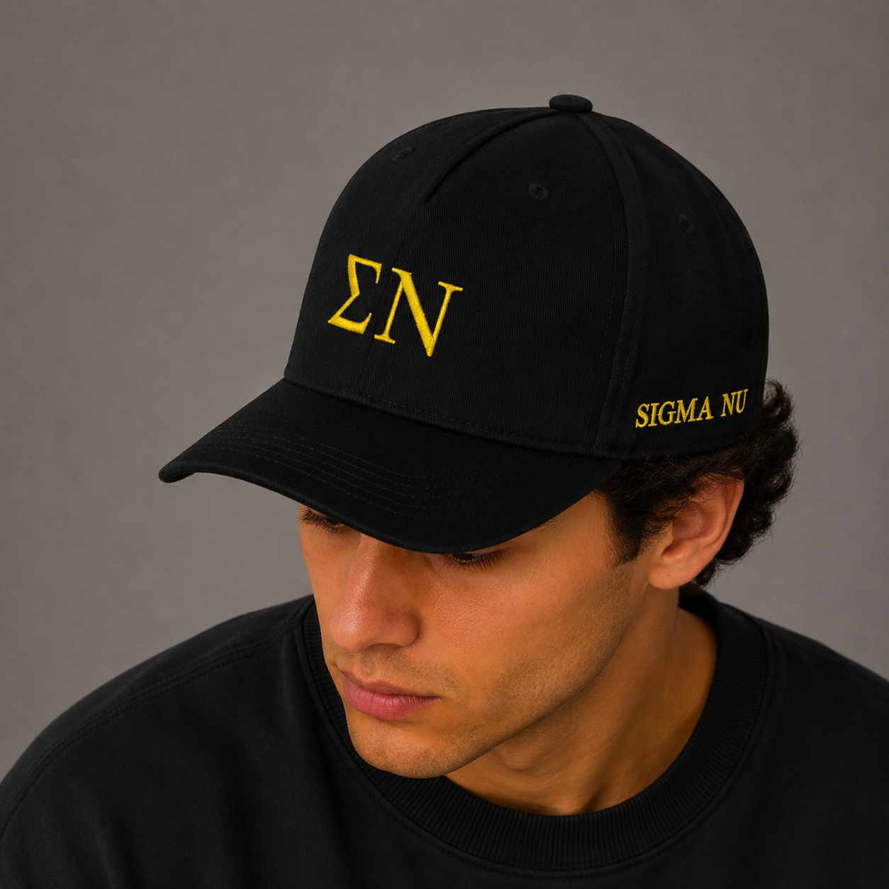 Sigma Nu Fraternity Baseball Cap- Brushed Cotton 5-Panel Black Hat