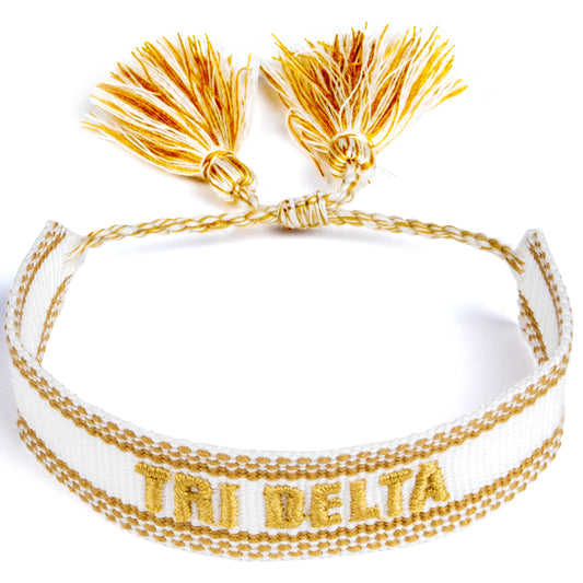 Delta Delta Delta Woven Bracelet, White and Gold Design