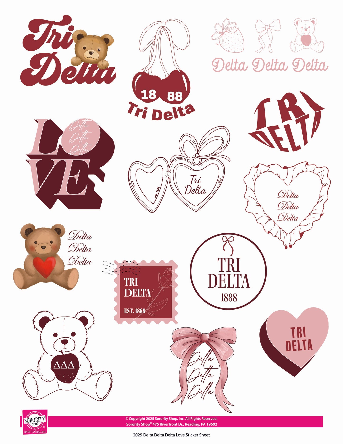 Delta Delta Delta Sticker Sheet- Teddy Bears and Sisterhood Love Theme