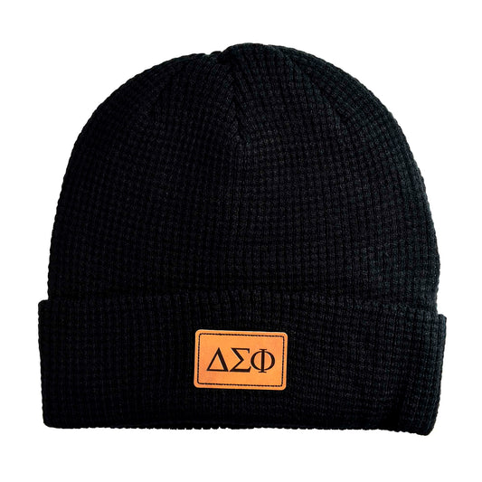 Delta Sigma Phi Fraternity Beanie Hat - Black Winter Hat w/ Greek Letters Patch
