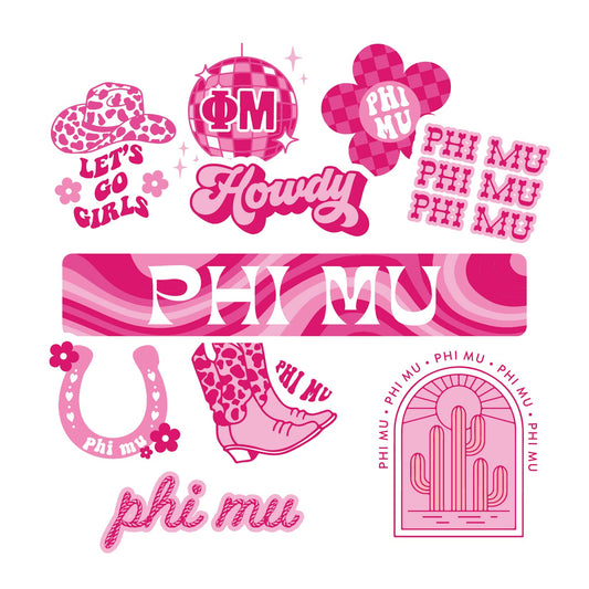 Phi Mu Sticker Sheet - Western Disco Design