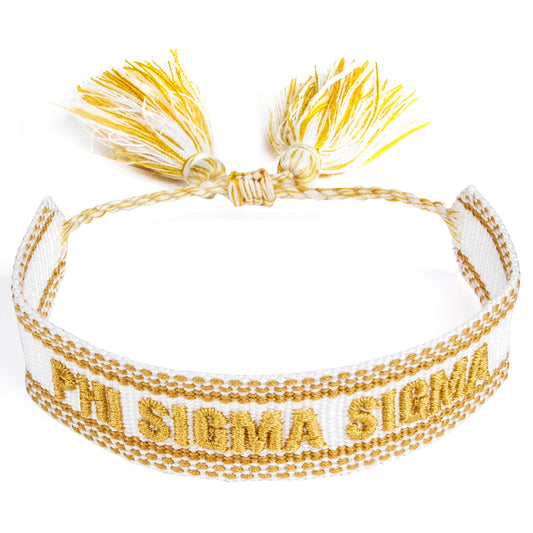 Phi Sigma Sigma Woven Bracelet, White and Gold Design