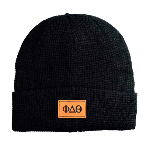 Phi Delta Theta Fraternity Beanie Hat - Black Winter Hat w/ Greek Letters Patch