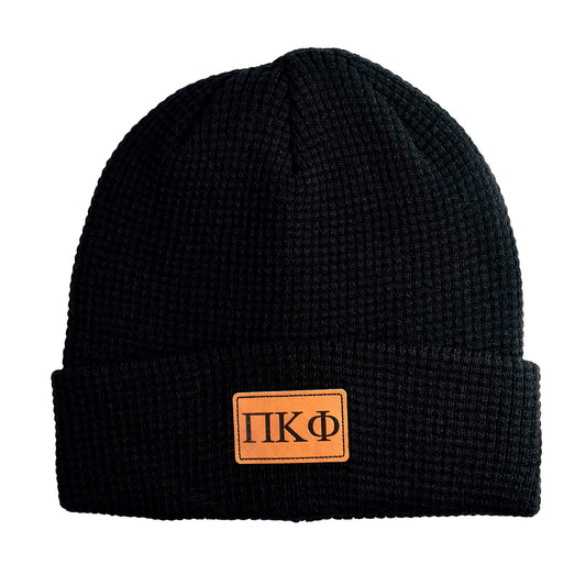 Pi Kappa Phi Fraternity Beanie Hat - Black Winter Hat w/ Greek Letters Patch