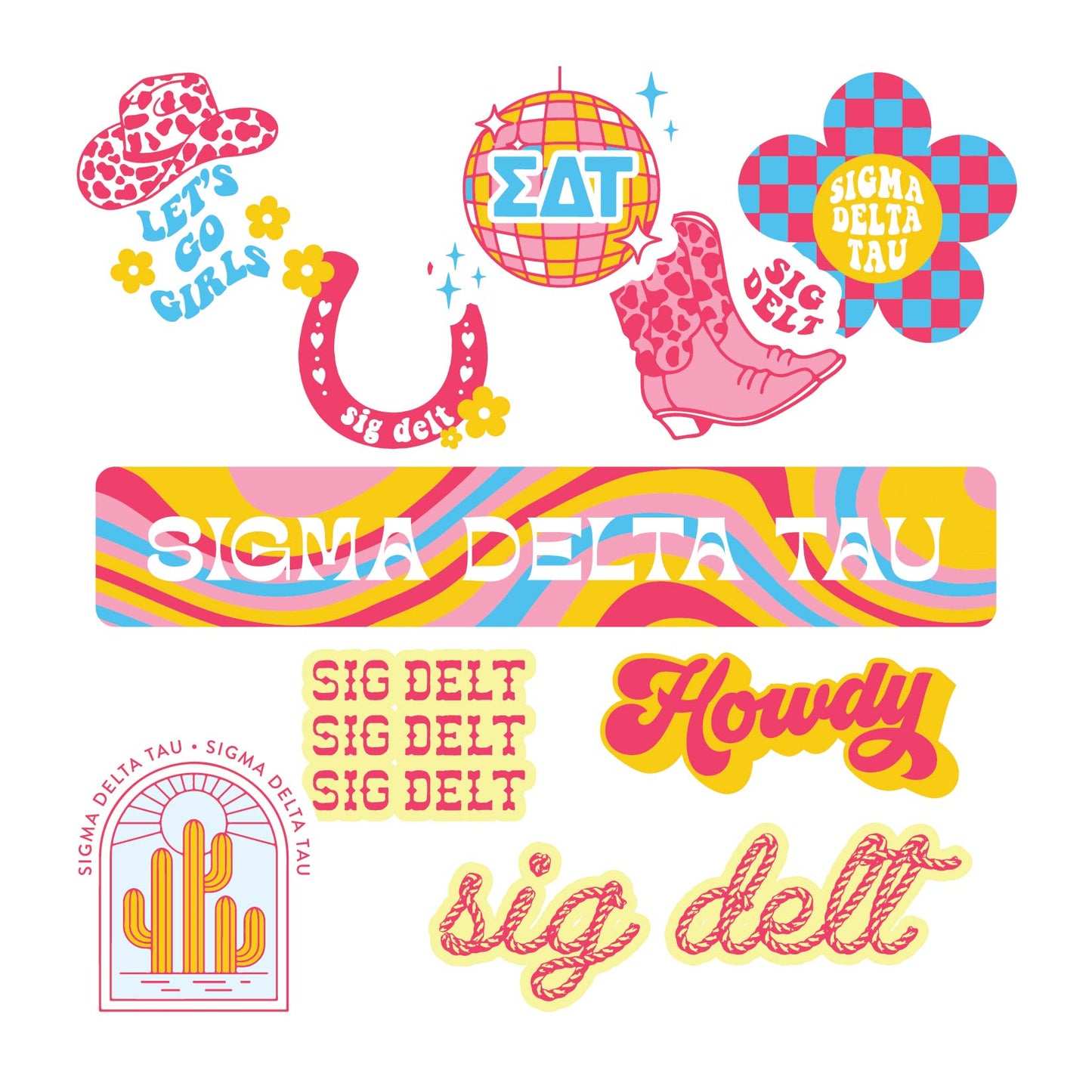 Sigma Delta Tau Sticker Sheet - Western Disco Design