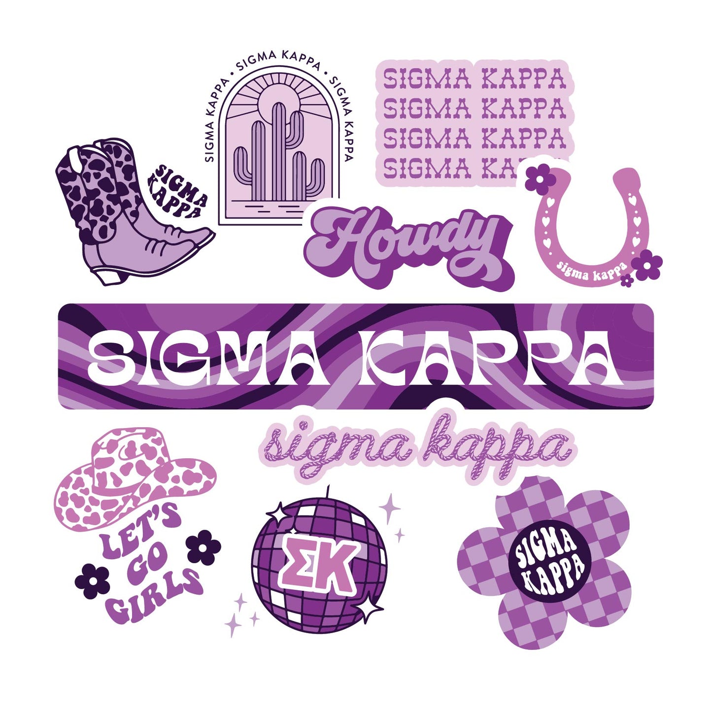 Sigma Kappa Sticker Sheet - Western Disco Design