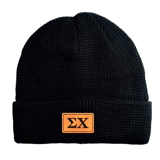 Sigma Chi Fraternity Beanie Hat - Black Winter Hat w/ Greek Letters Patch