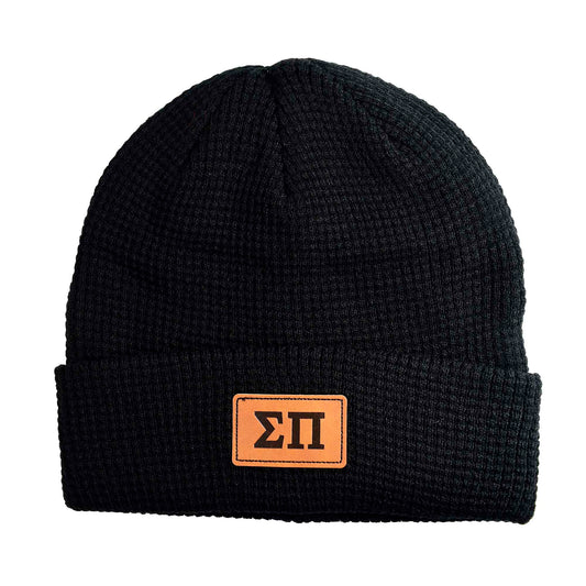 Sigma Pi Fraternity Beanie Hat - Black Winter Hat w/ Greek Letters Patch