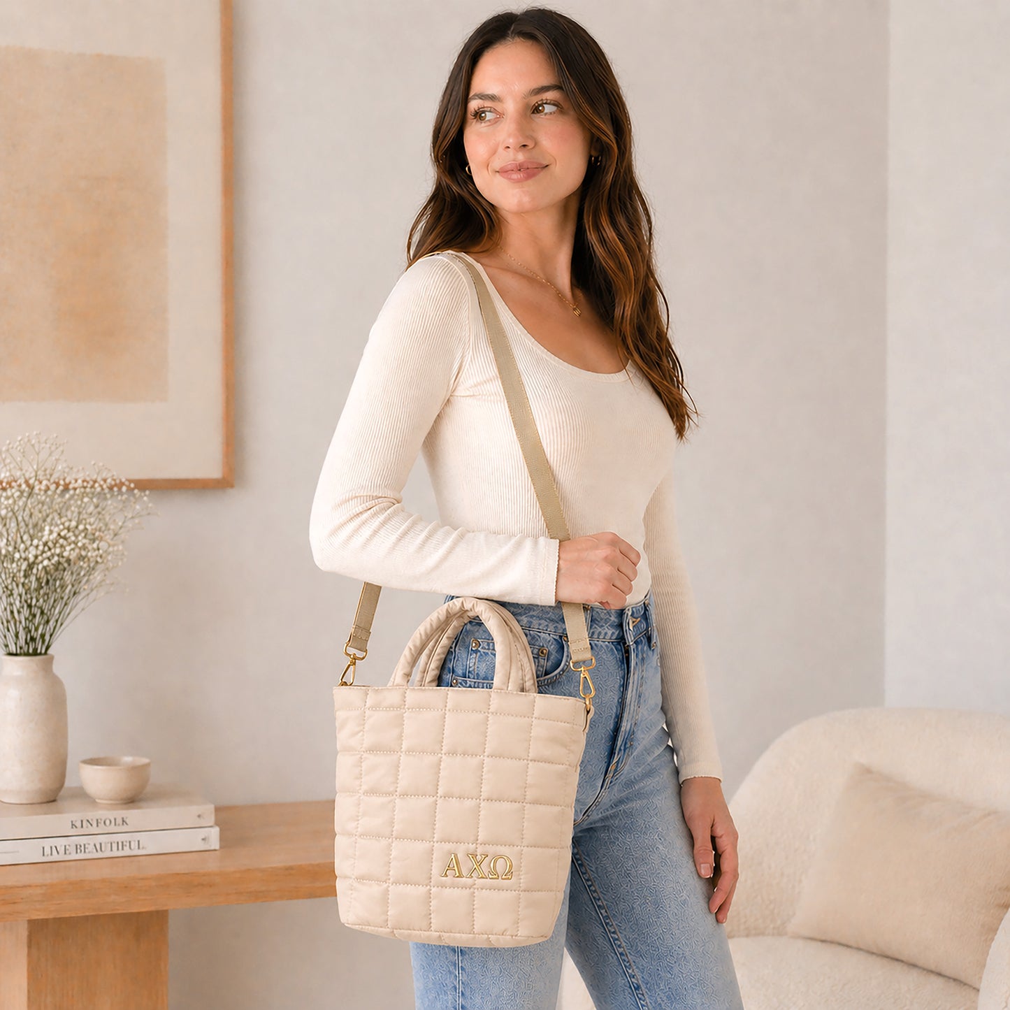 Alpha Chi Omega Small Crossbody Quilted Tote Bag with Greek Letters