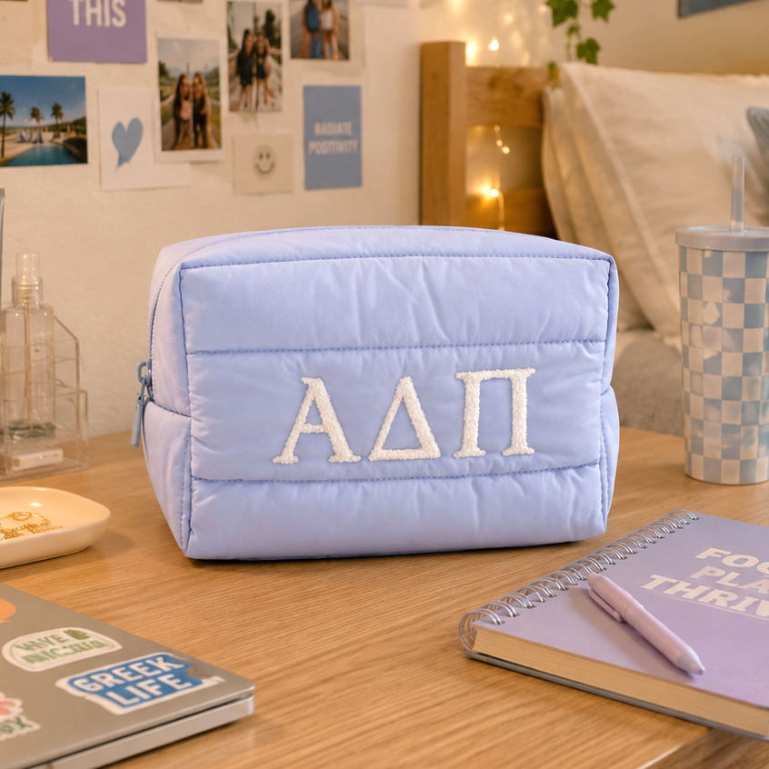 Alpha Delta Pi Makeup Bag - Puffer Style with Sorority Letters