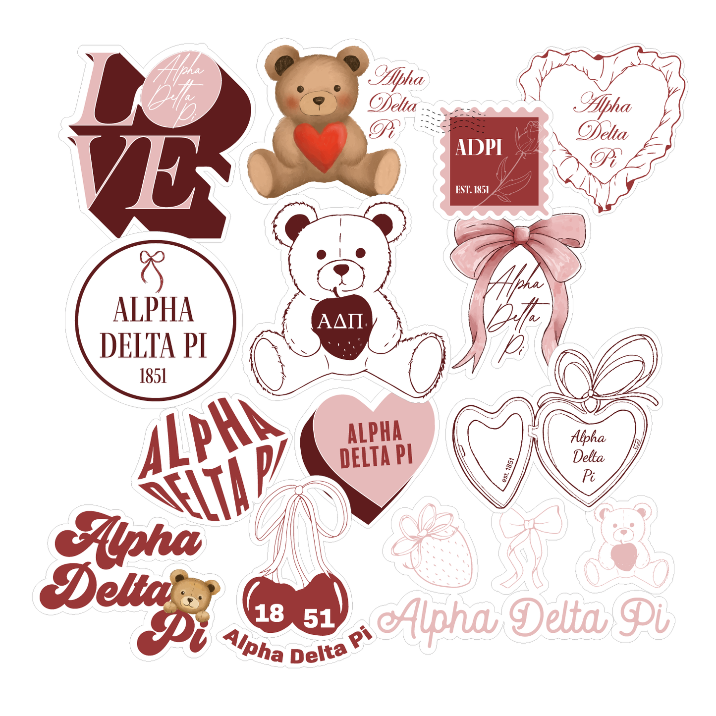Alpha Delta Pi Sticker Sheet- Teddy Bears and Sisterhood Love Theme