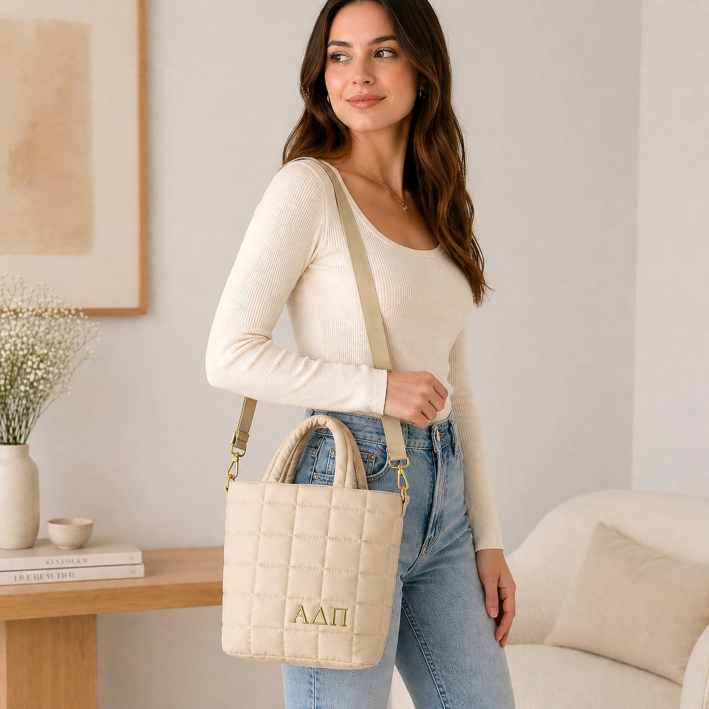 Alpha Delta Pi Small Crossbody Quilted Tote Bag Greek Letters