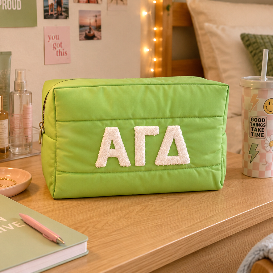 Alpha Gamma Delta Makeup Bag - Puffer Style with Sorority Letters