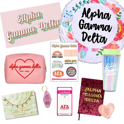 Alpha Gamma Delta Celebrate Sisterhood Sorority Gift Box- 10 unique items