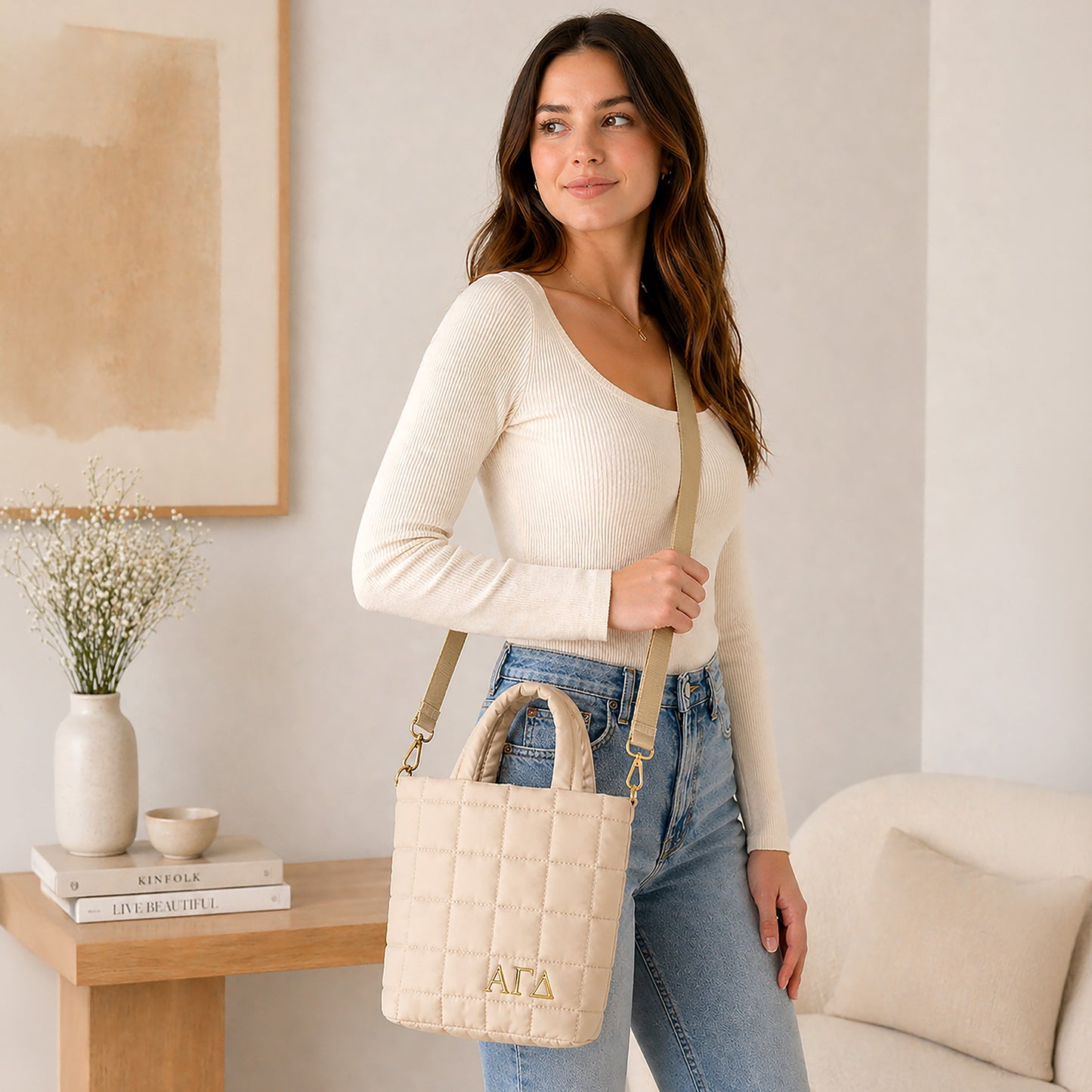 Alpha Gamma Delta Small Crossbody Quilted Tote Bag with Greek Letters