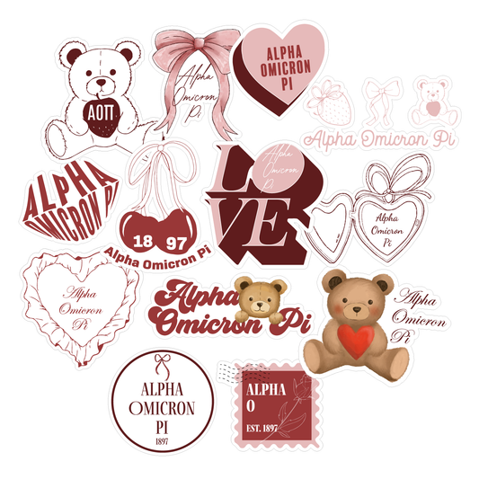 Alpha Omicron Pi Sticker Sheet- Teddy Bears and Sisterhood Love Theme