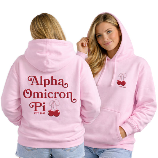 Alpha Omicron Pi Hooded Sweatshirt with Cherries and Sorority Name