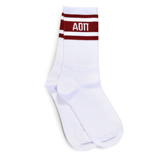 Alpha Omicron Pi Socks- Striped Varsity Crew Socks with Greek Letters