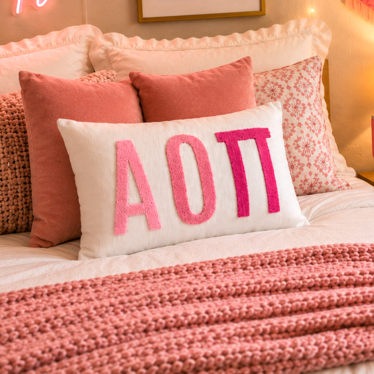 Alpha Omicron Pi Pillow – Embroidered Plush Greek Letters Design