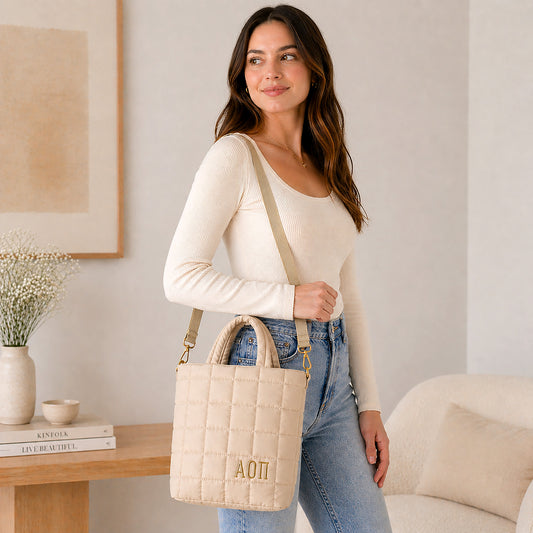 Alpha Omicron Pi Quilted Tote Bag- Small Crossbody Bag with Greek Letters