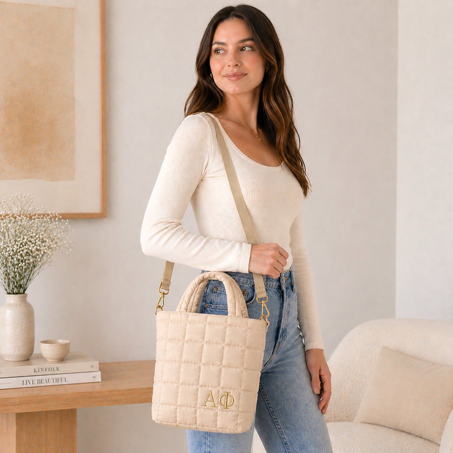 Alpha Phi Small Crossbody Quilted Tote Bag with Greek Letters
