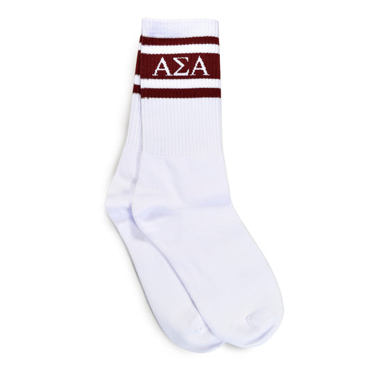 Alpha Sigma Alpha Socks- Striped Varsity Crew Socks with Greek Letters