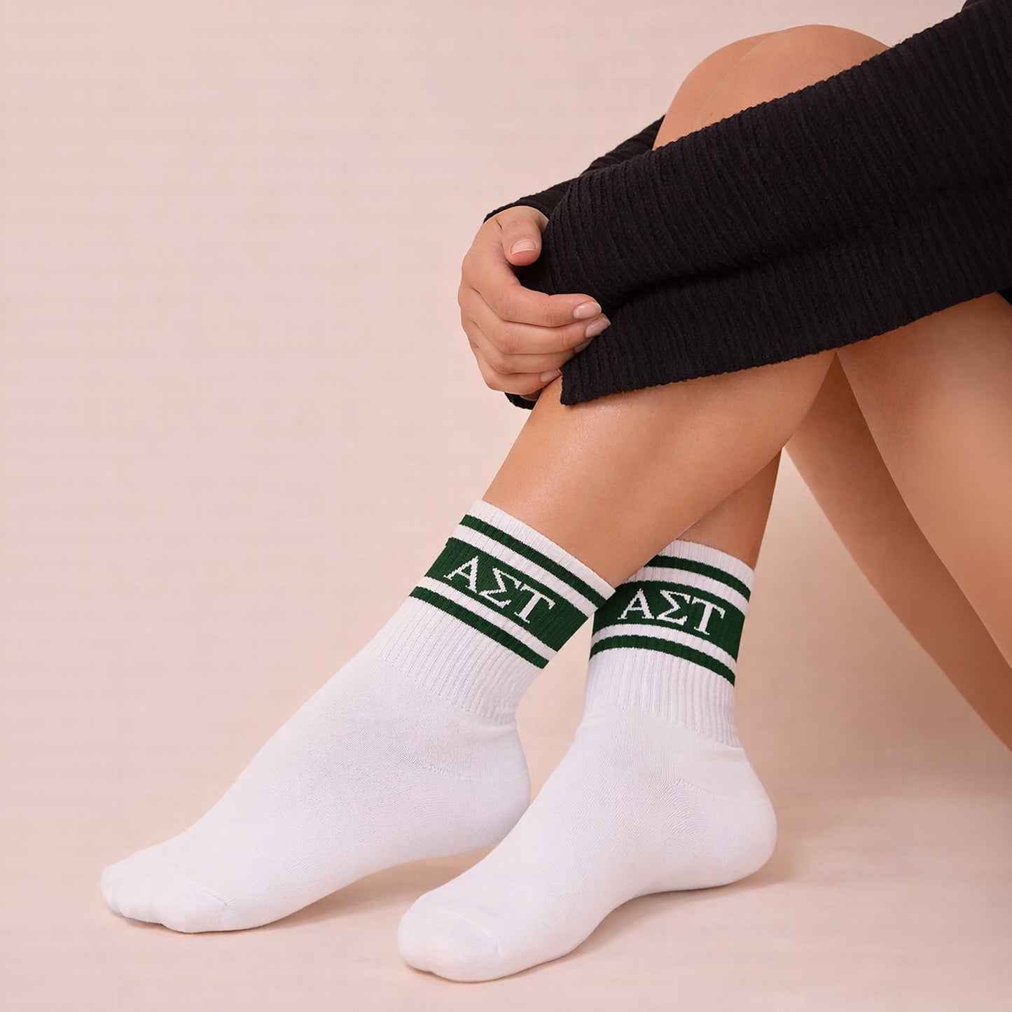 Alpha Sigma Tau Socks- Striped Varsity Crew Socks with Greek Letters
