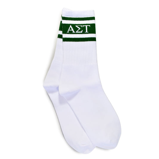 Alpha Sigma Tau Socks- Striped Varsity Crew Socks with Greek Letters